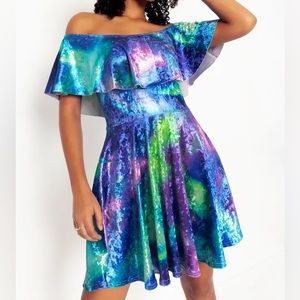 Blackmilk Crushed Velvet Galaxy Swirl off the shoulder skater dress size Large